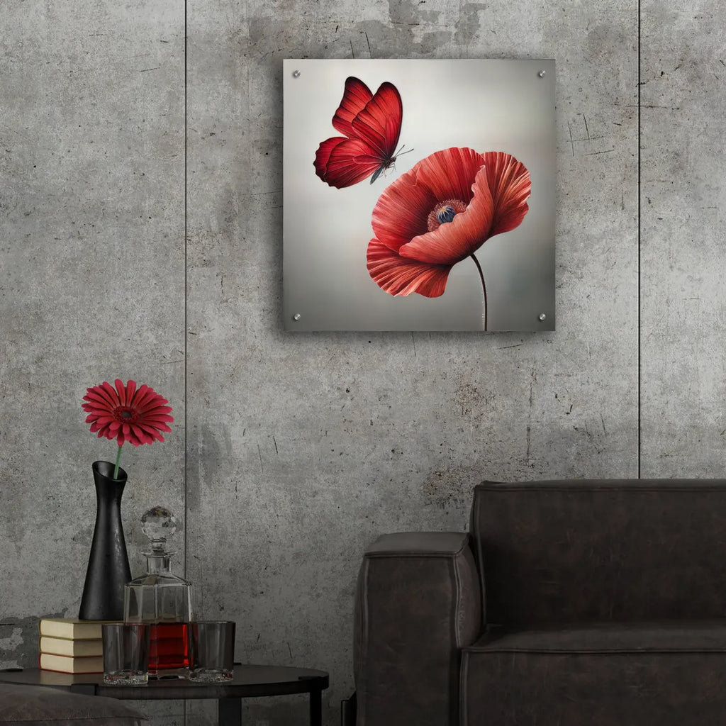 Red Butterfly And Blooming Red Poppy Flower by Rey Klimt - 24x24 acrylic wall art in a room