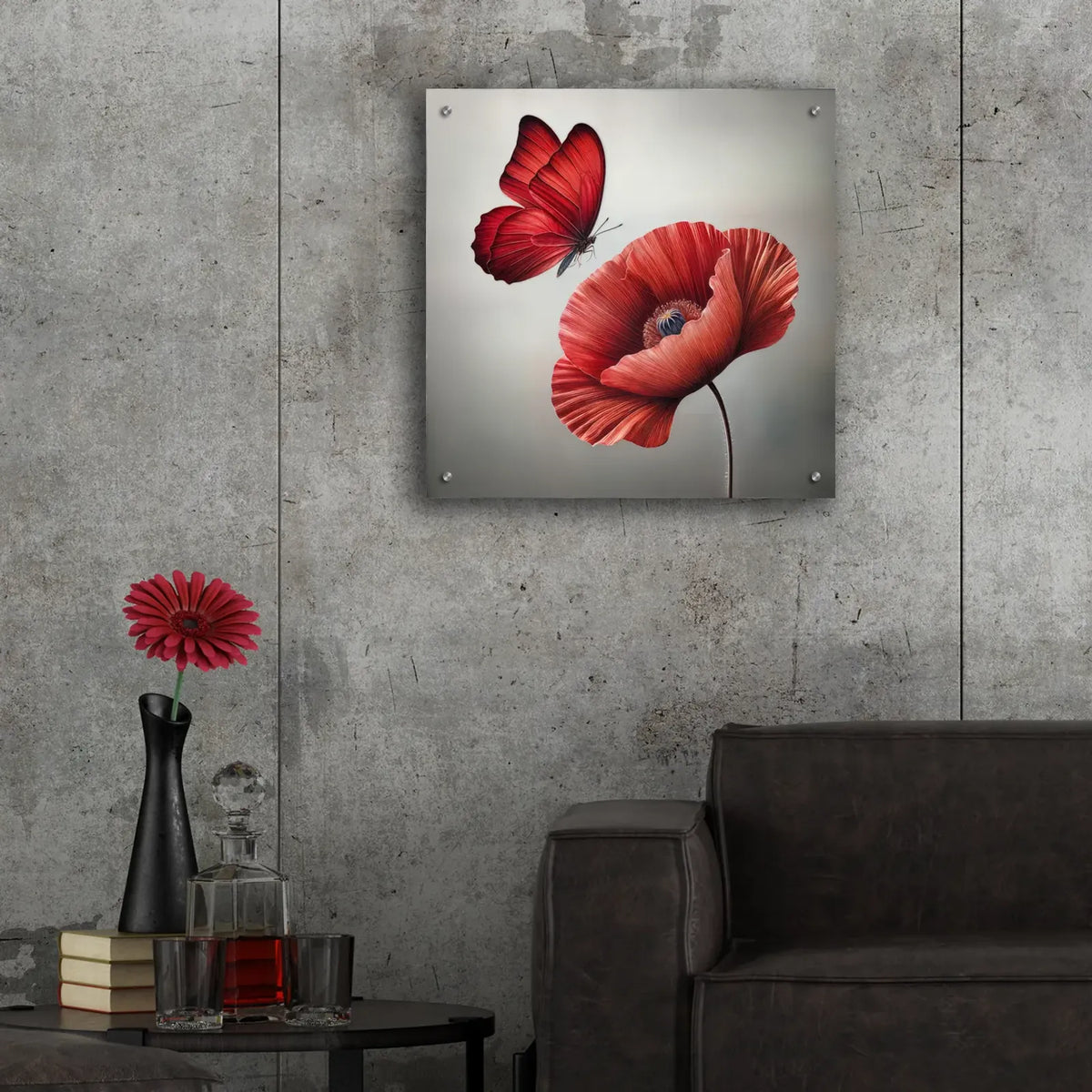 Red Butterfly And Blooming Red Poppy Flower by Rey Klimt - 24x24 acrylic wall art in a room
