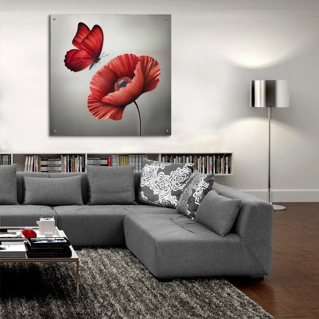 Red Butterfly And Blooming Red Poppy Flower by Rey Klimt - 36x36 acrylic wall art in a room