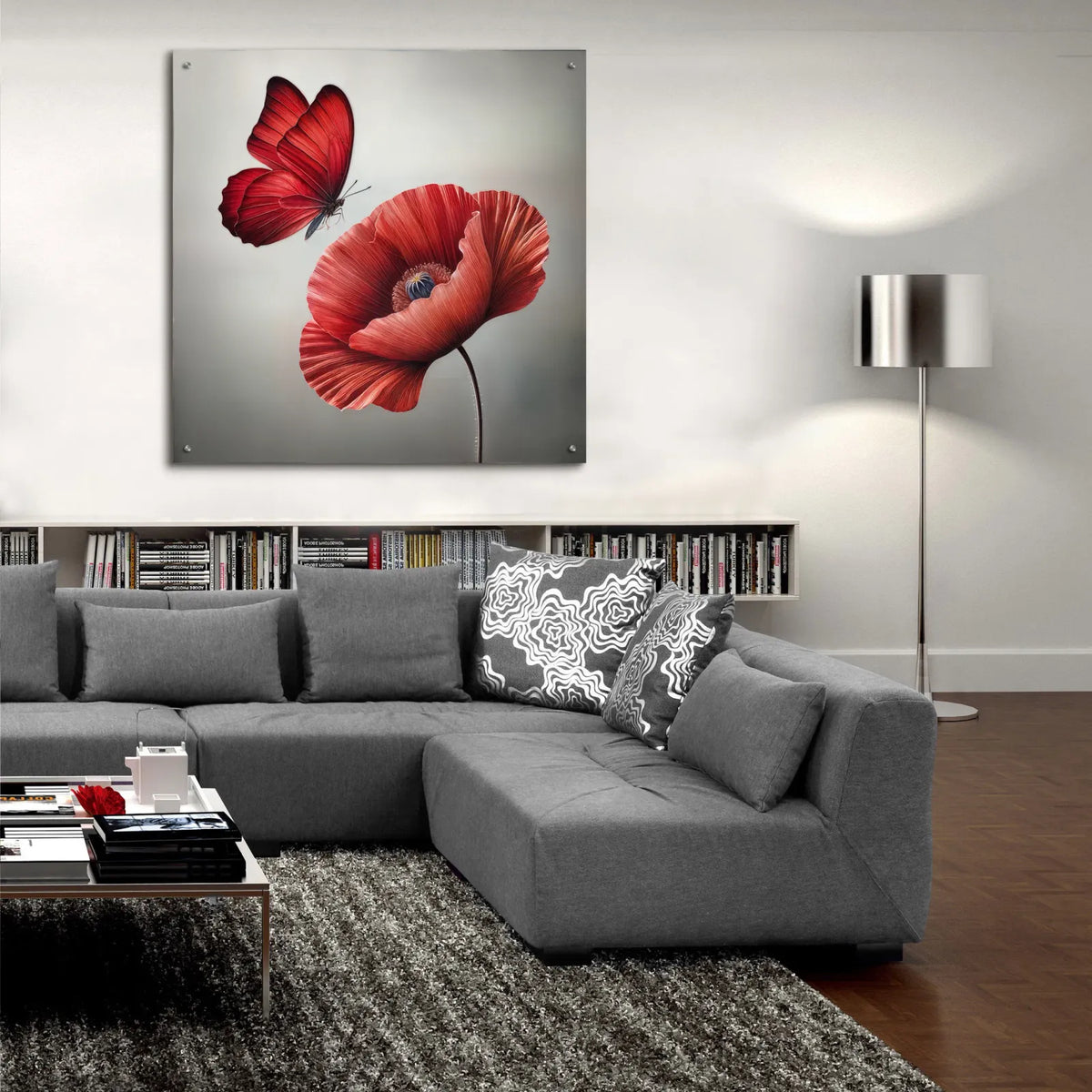 Red Butterfly And Blooming Red Poppy Flower by Rey Klimt - 36x36 acrylic wall art in a room