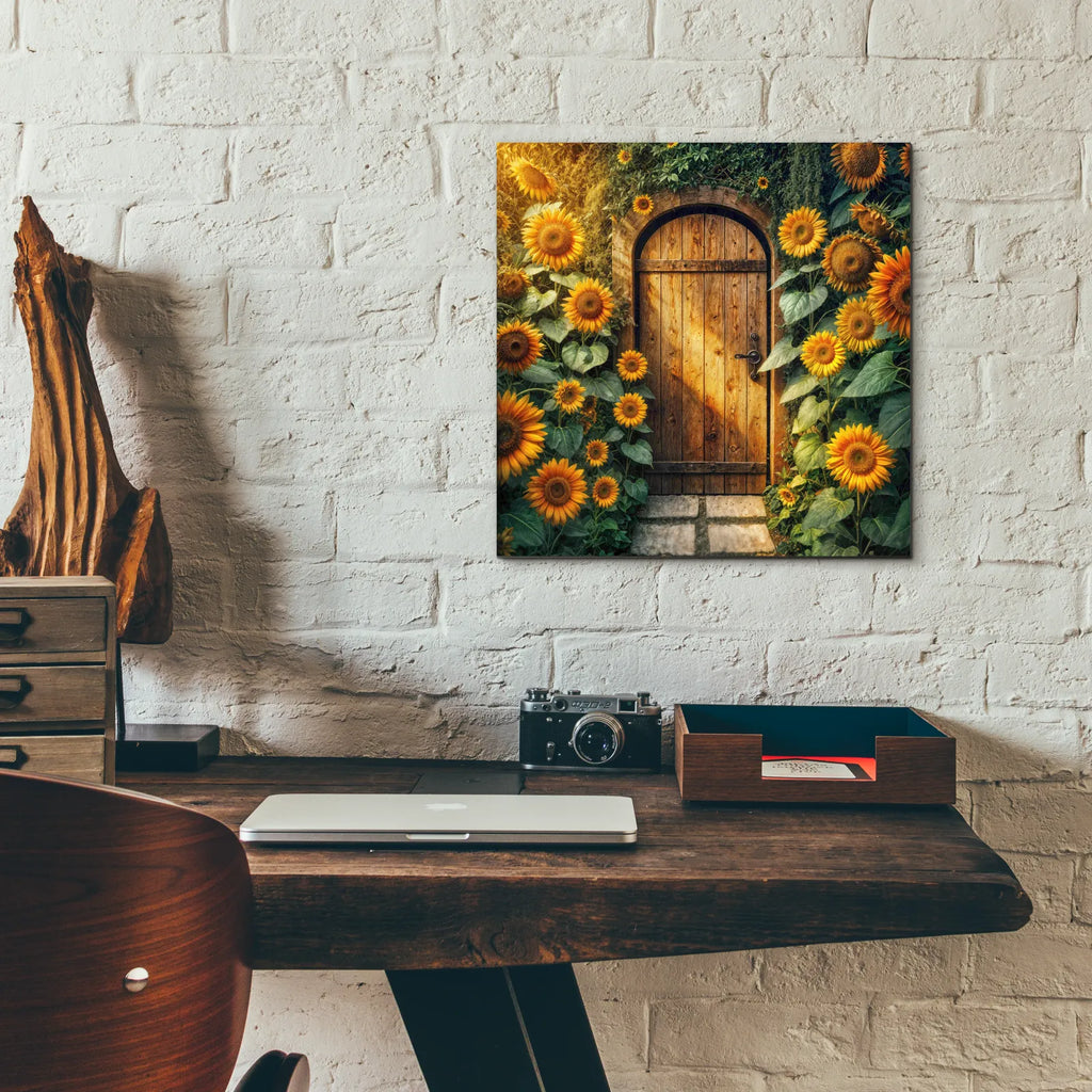 Rustic Door In Sunflowers by Rey Klimt - 12x12 acrylic wall art in a room