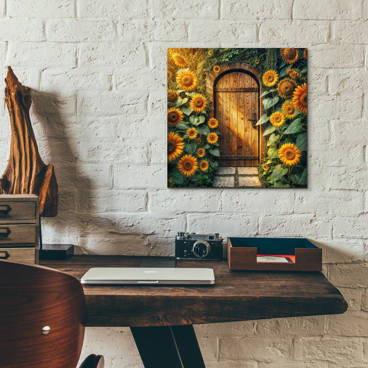 Rustic Door In Sunflowers by Rey Klimt - 12x12 acrylic wall art in a room