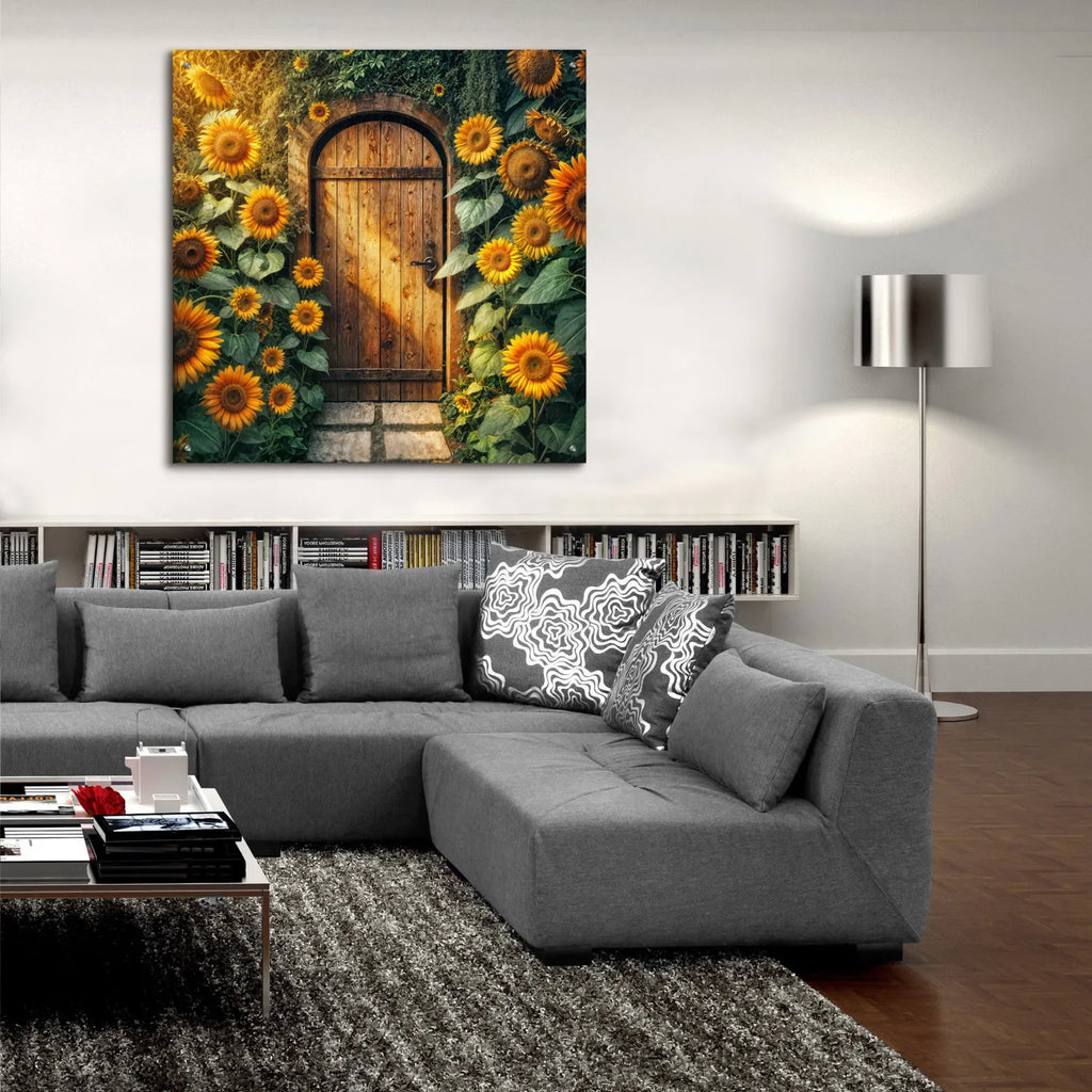 Rustic Door In Sunflowers by Rey Klimt - 36x36 acrylic wall art in a room
