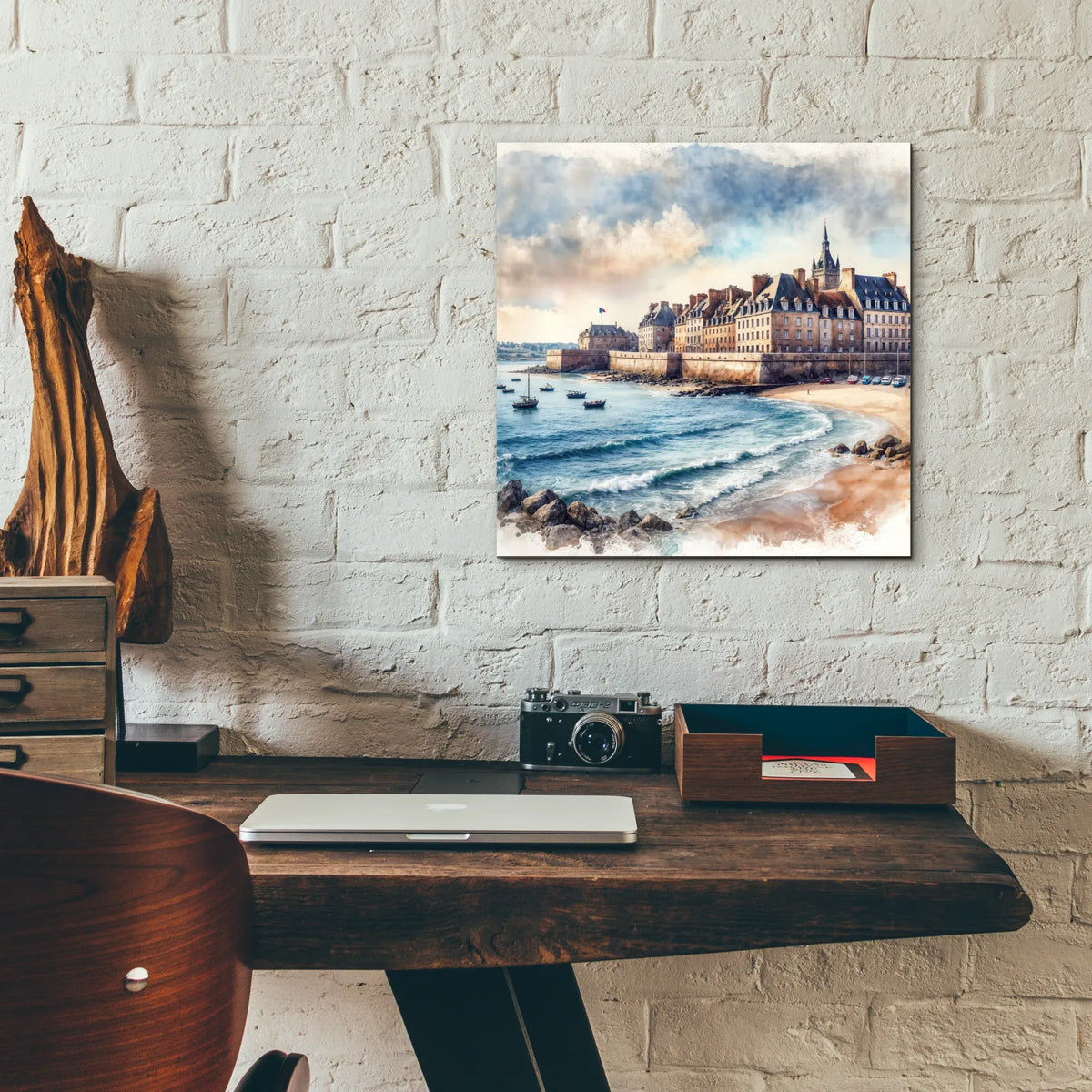 Saint-malo, Bretagne, France, Watercolor Coastline by Rey Klimt - 12x12 acrylic wall art in a room