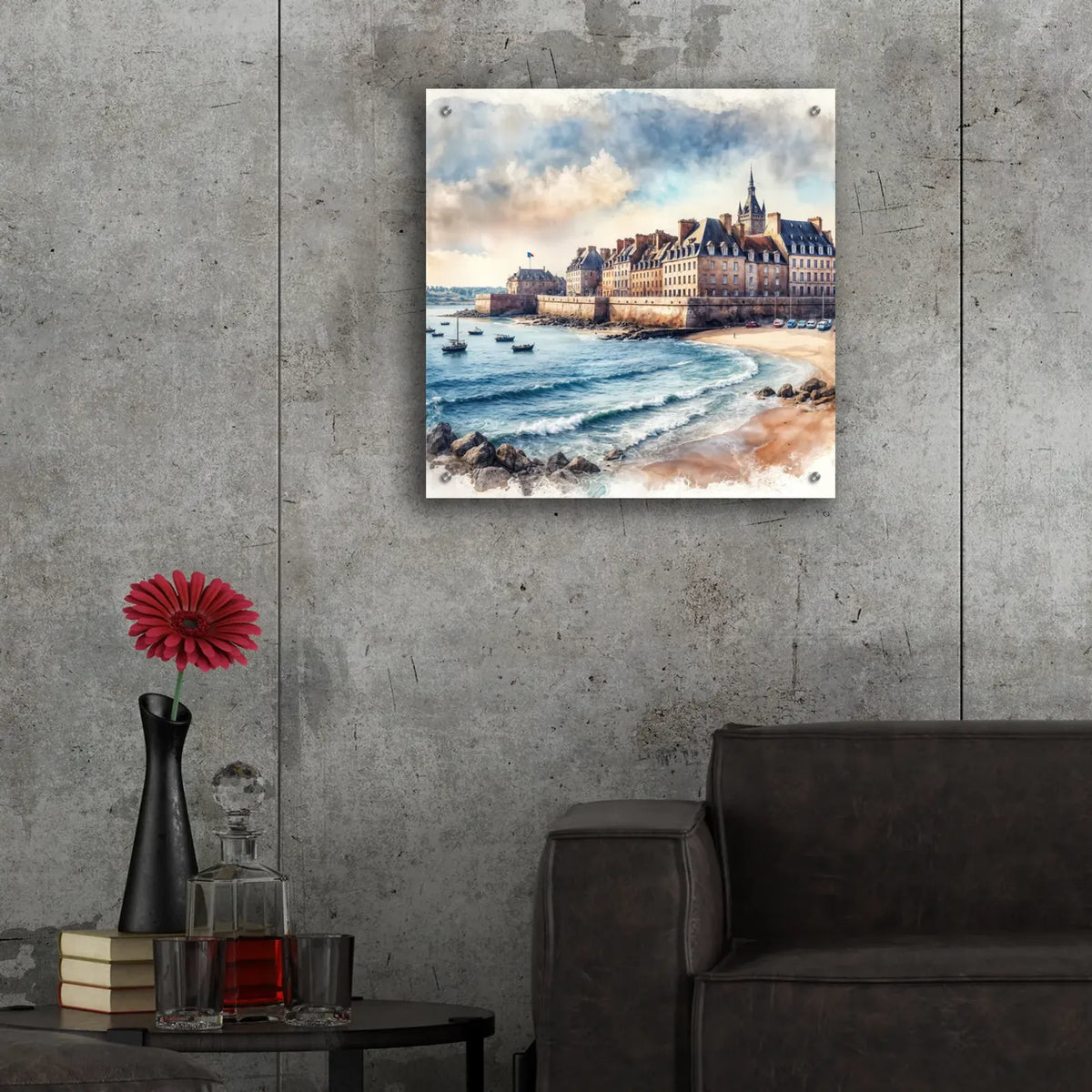 Saint-malo, Bretagne, France, Watercolor Coastline by Rey Klimt - 24x24 acrylic wall art in a room