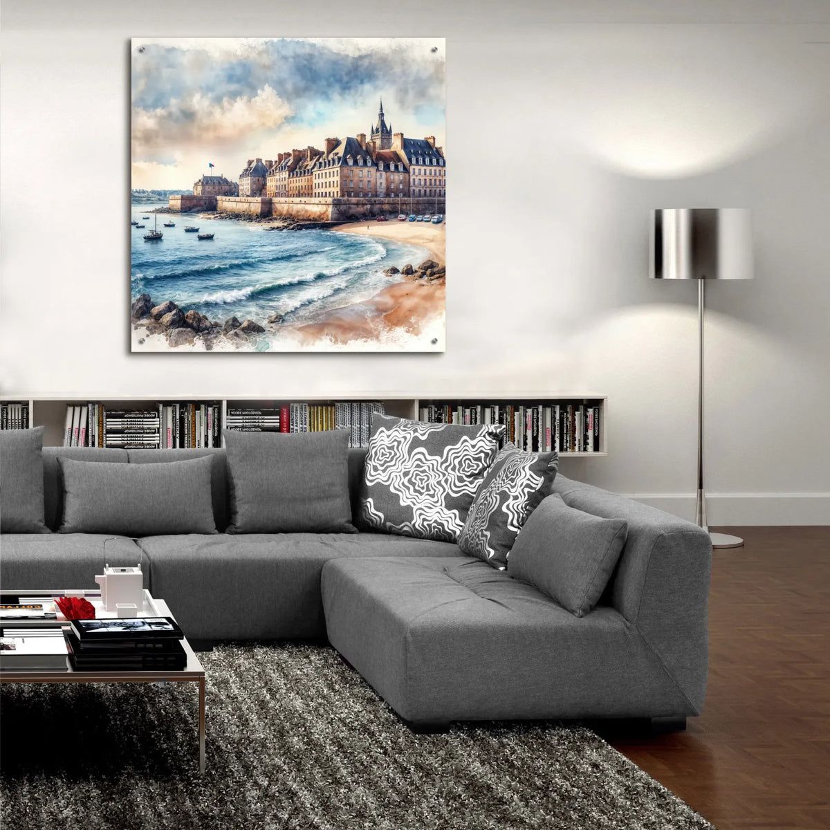 Saint-malo, Bretagne, France, Watercolor Coastline by Rey Klimt - 36x36 acrylic wall art in a room