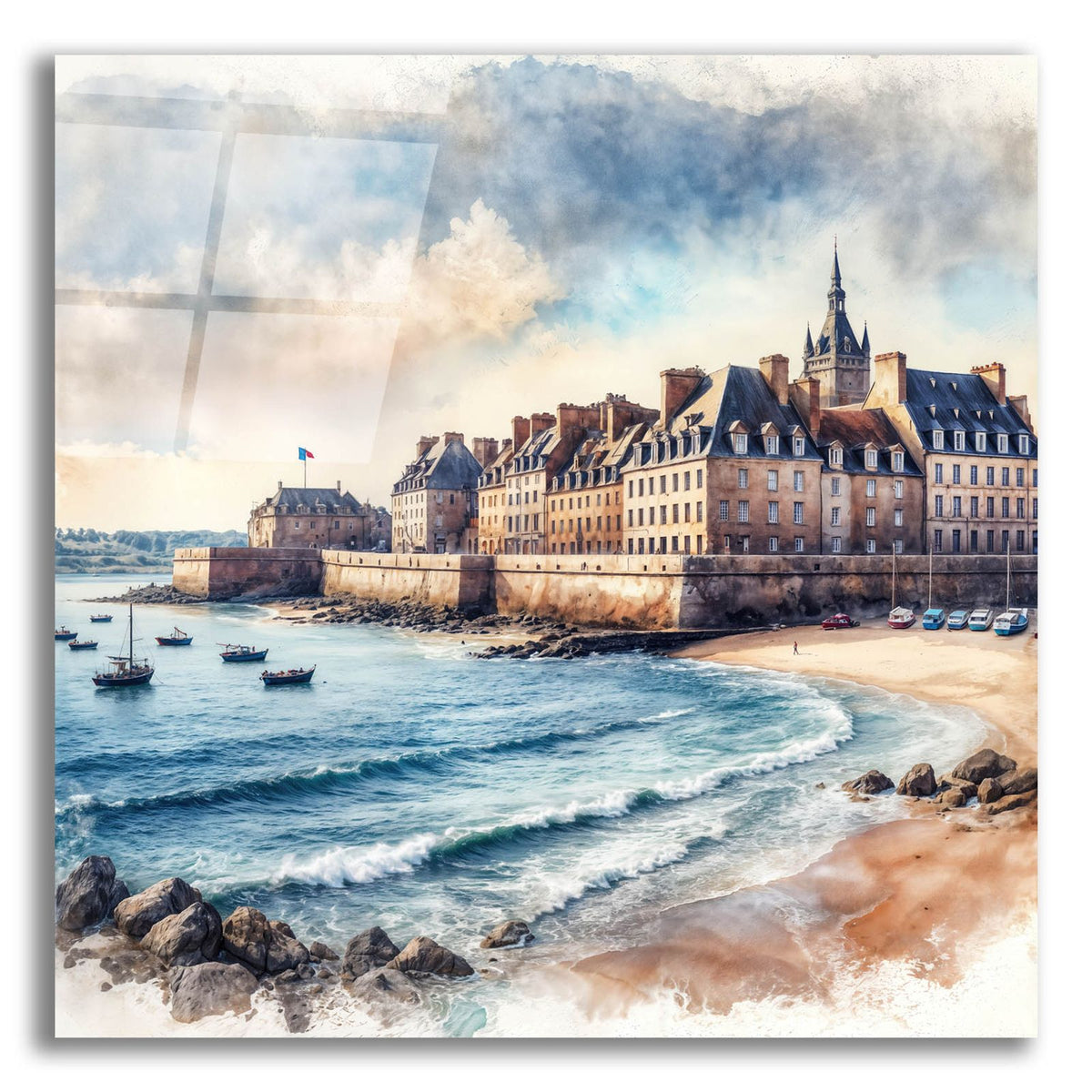 Saint-malo, Bretagne, France, Watercolor Coastline by Rey Klimt acrylic glass wall art