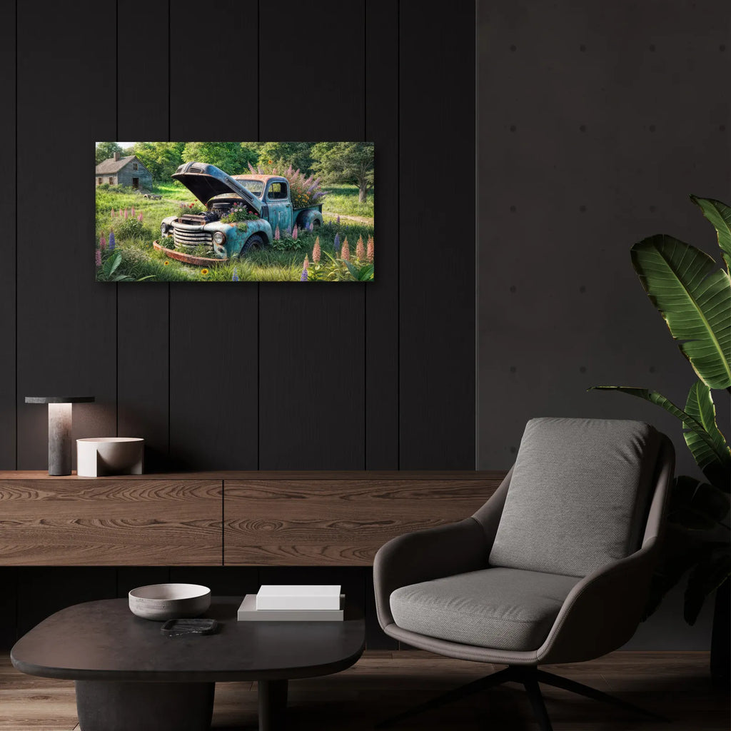Vintage Truck Flower Bed by Rey Klimt - 24x12 acrylic wall art in a room