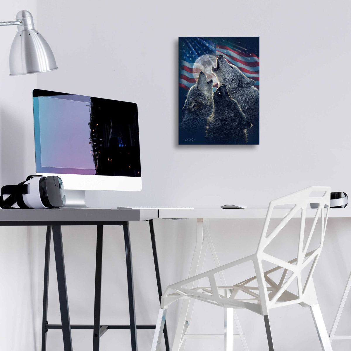 Epic Art 'Wolf Trinity Patriotic' by Collin Bogle Acrylic Glass Wall Art,12x16