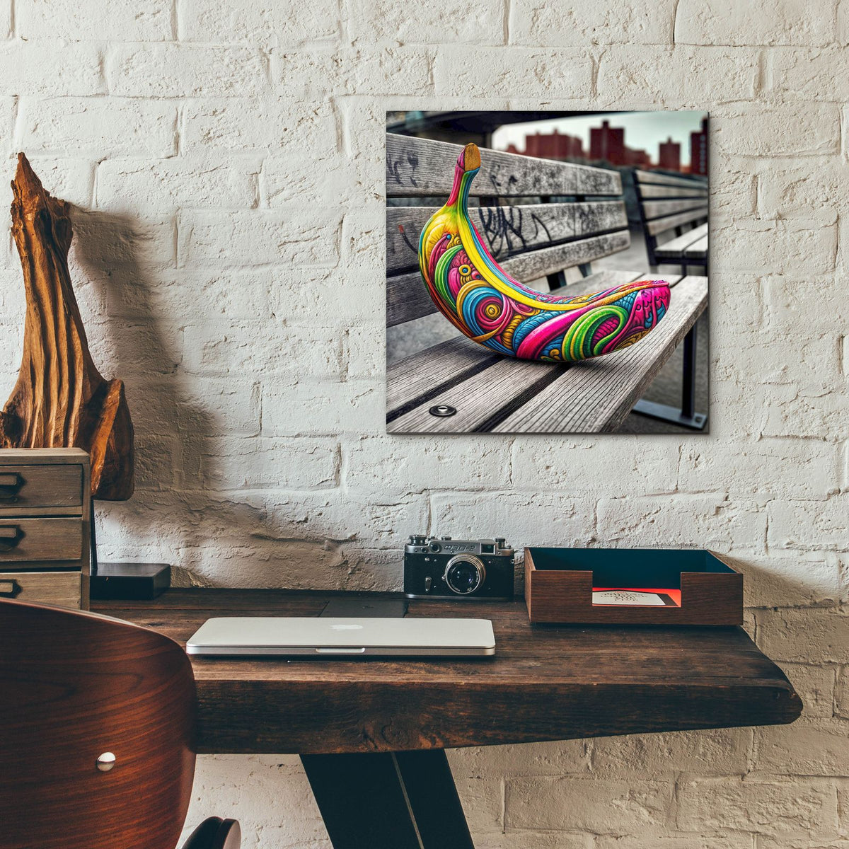 Banana On Bench by Rey Klimt - 12x12 acrylic wall art in a room