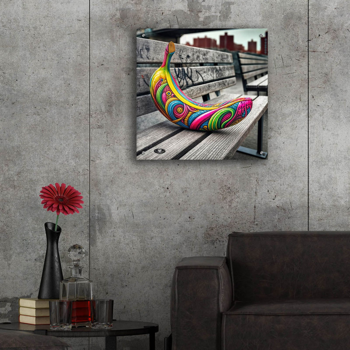 Banana On Bench by Rey Klimt - 24x24 acrylic wall art in a room