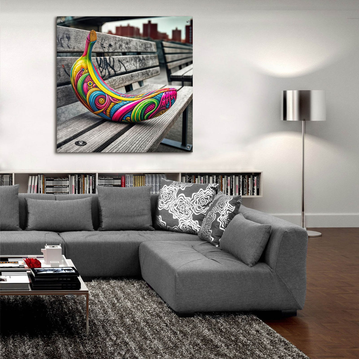 Banana On Bench by Rey Klimt - 36x36 acrylic wall art in a room