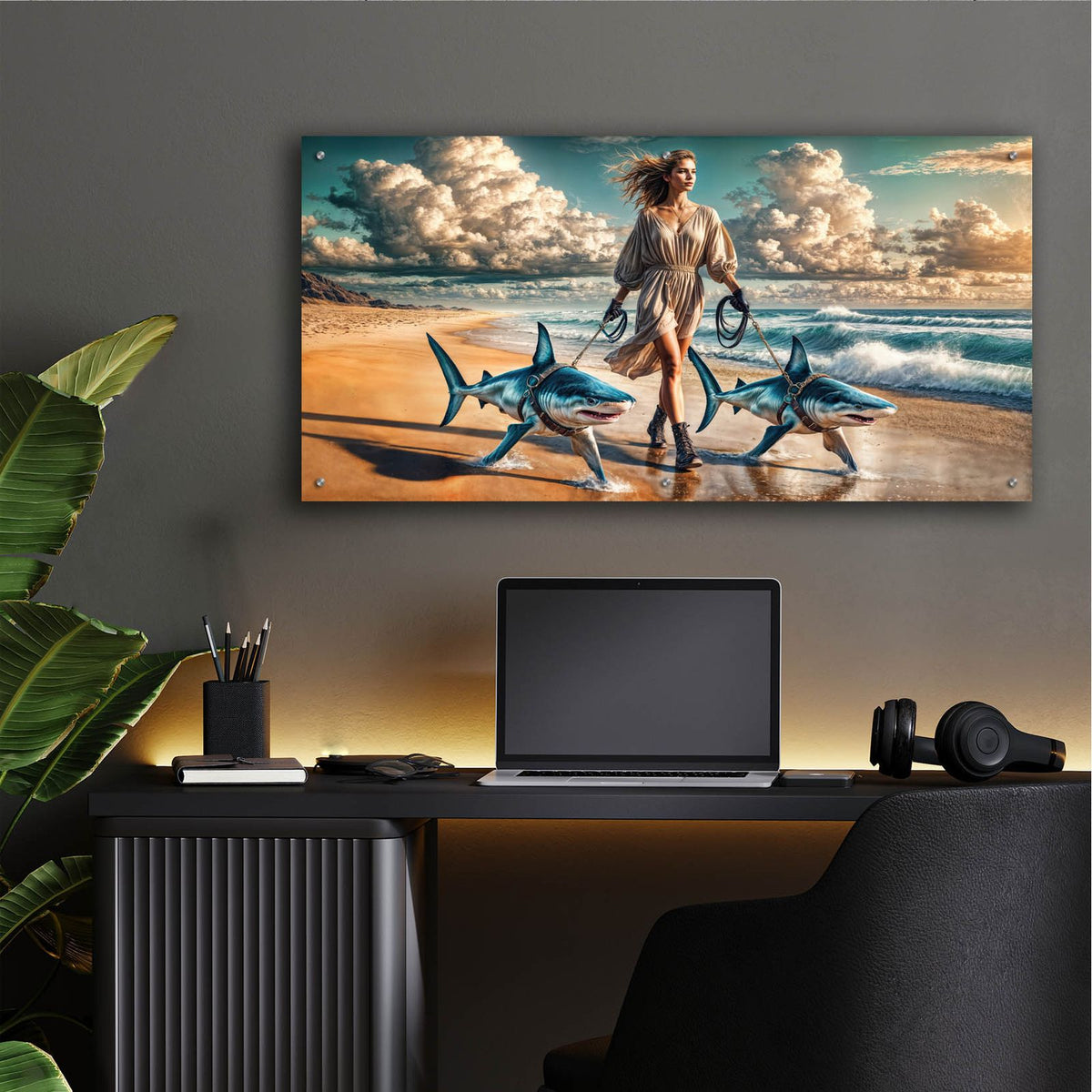 Beach Side Shark Walk by Rey Klimt - 48x24 acrylic wall art in a room