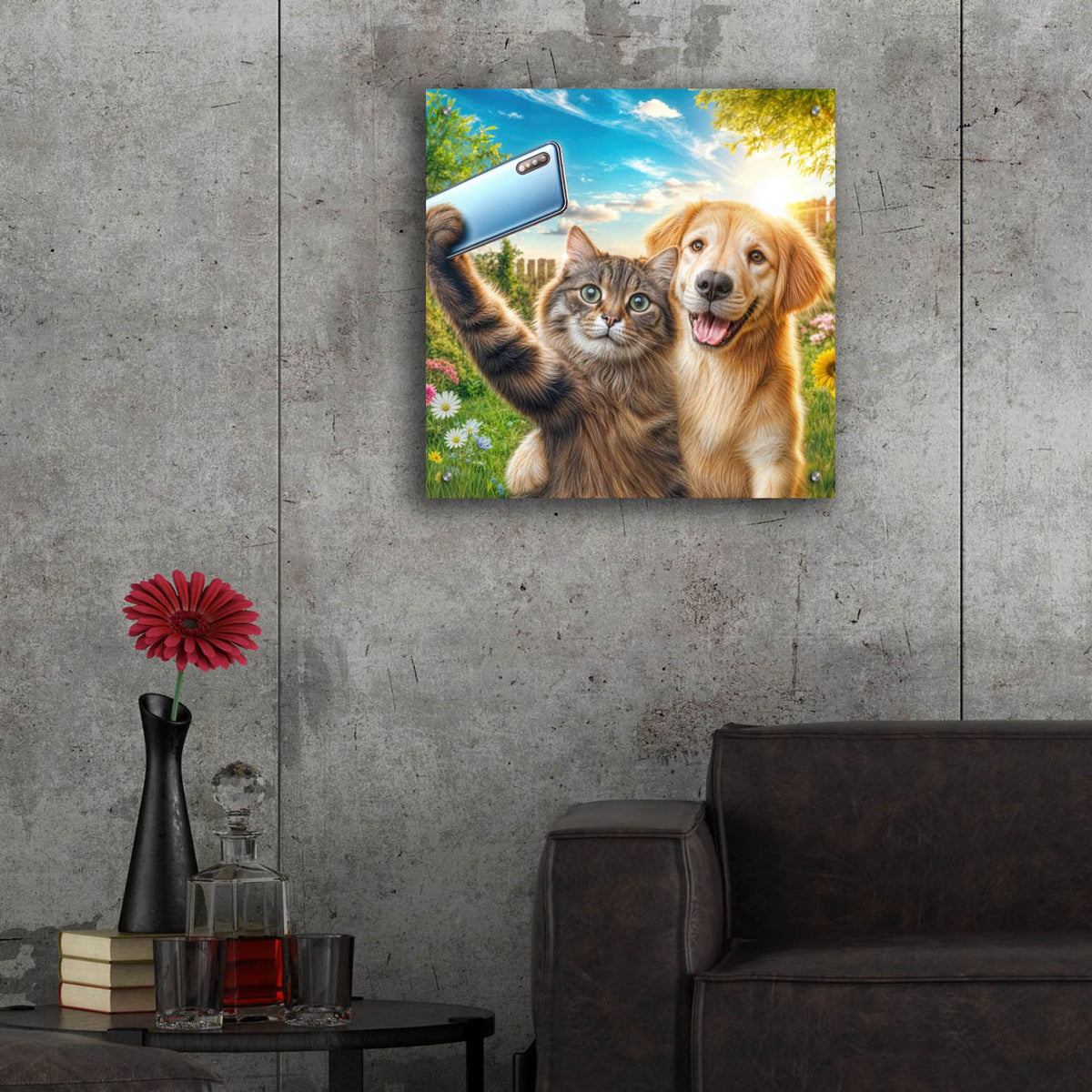 Cat And Dog - Friends Selfie by Rey Klimt - 24x24 acrylic wall art in a room