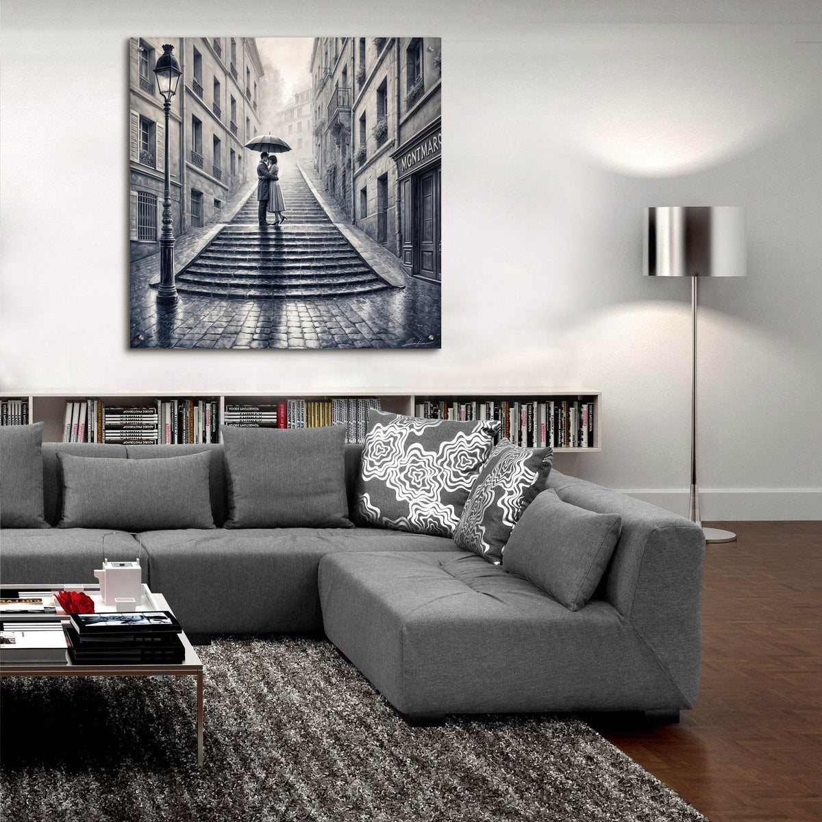 Couple Sharing Umbrella by Rey Klimt - 36x36 acrylic wall art in a room