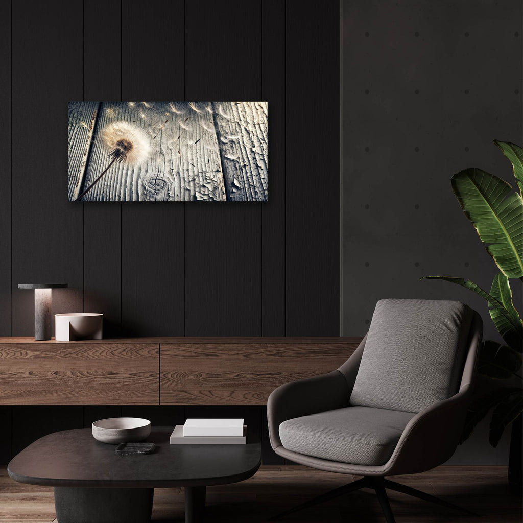 Flying Dandelion Weathered Wood by Rey Klimt - 24x12 acrylic wall art in a room