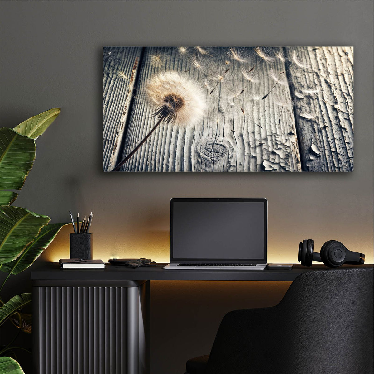 Flying Dandelion Weathered Wood by Rey Klimt - 48x24 acrylic wall art in a room