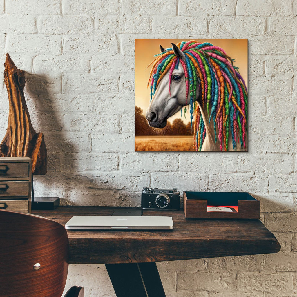 Horse With Colorful Dreadlocks by Rey Klimt - 12x12 acrylic wall art in a room