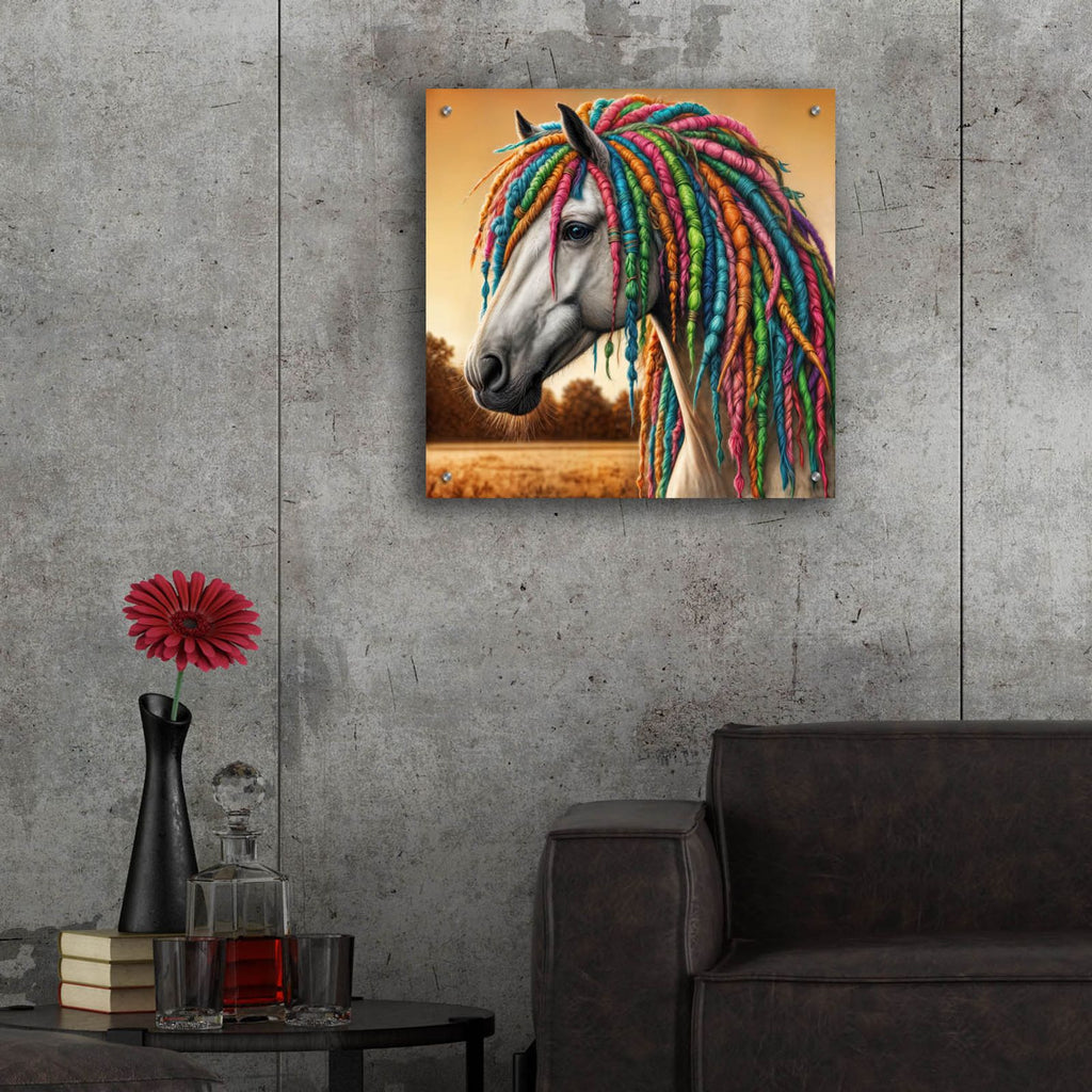 Horse With Colorful Dreadlocks by Rey Klimt - 24x24 acrylic wall art in a room