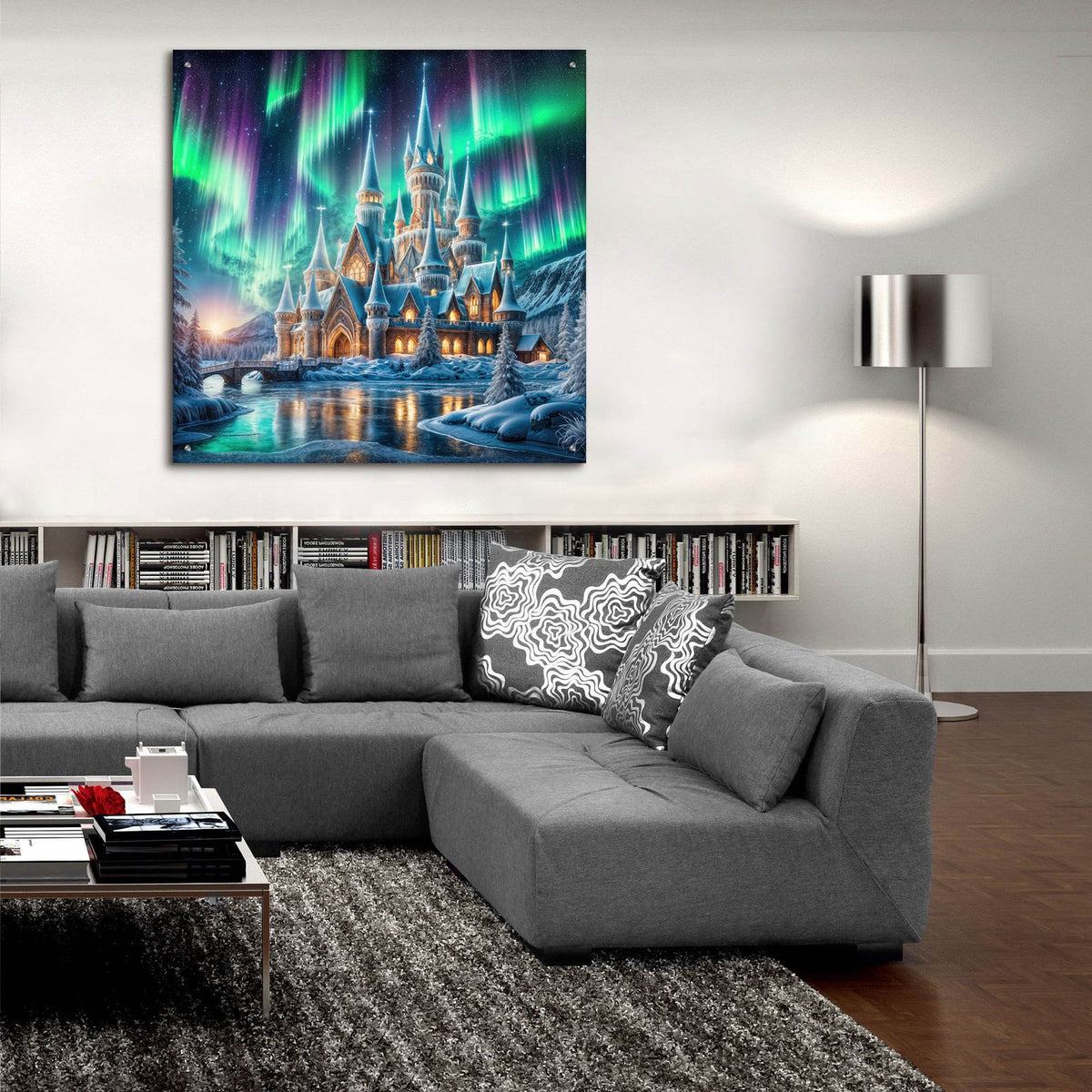 Magical Castle Under Northern Lights by Rey Klimt - 36x36 acrylic wall art in a room