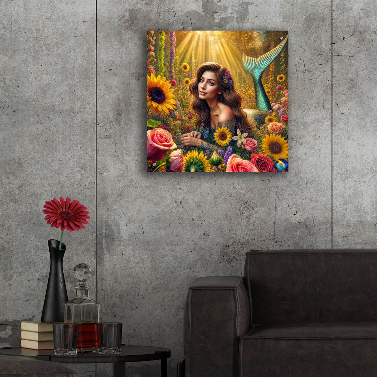 Mermaid In Flowers by Rey Klimt - 24x24 acrylic wall art in a room