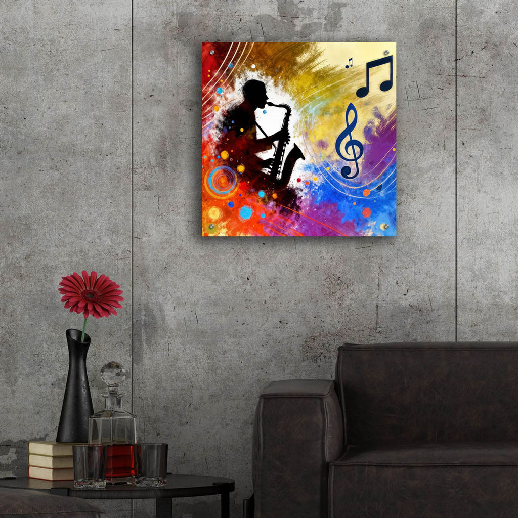 Sax Player by Rey Klimt - 24x24 acrylic wall art in a room