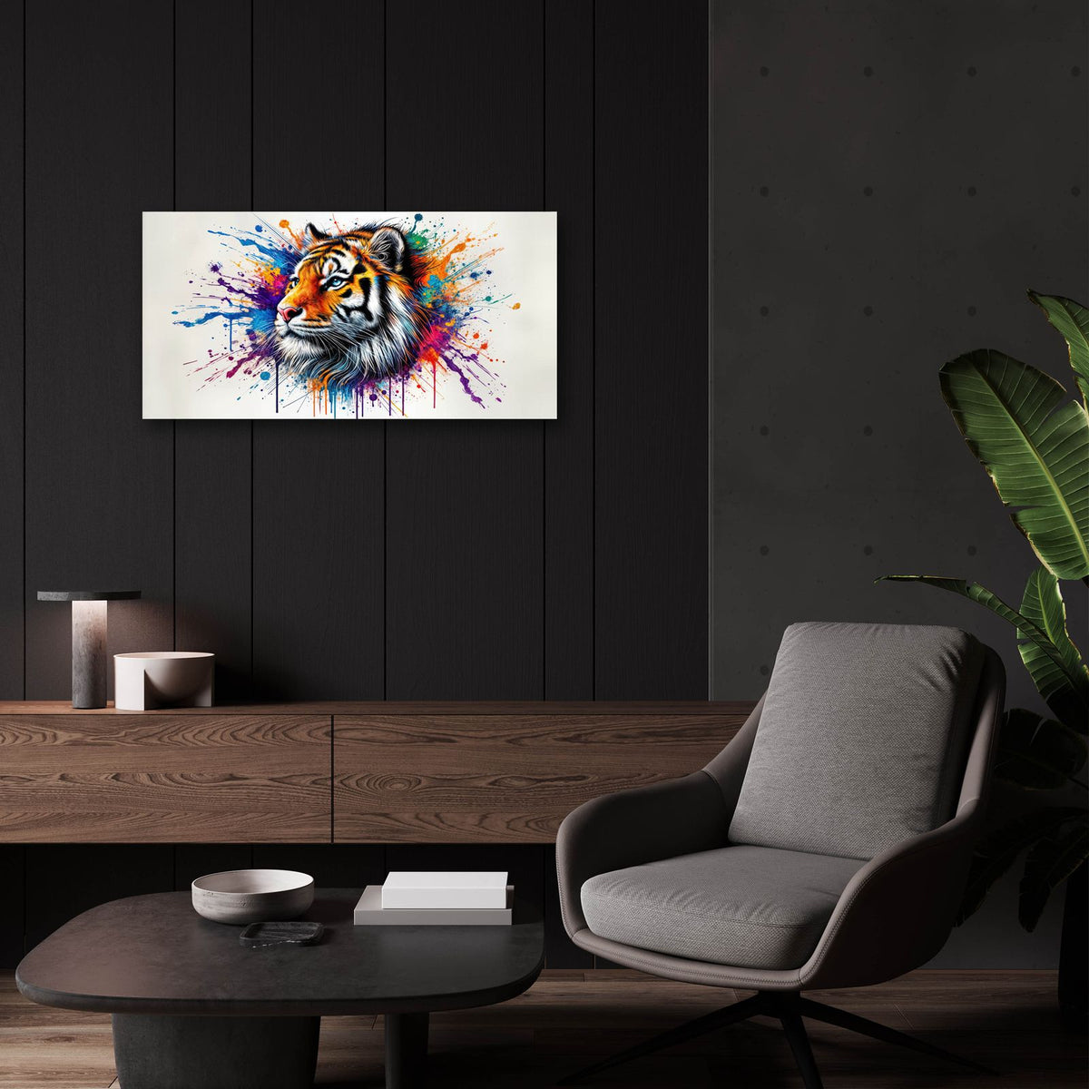 Tiger Paint Splashes by Rey Klimt - 24x12 acrylic wall art in a room