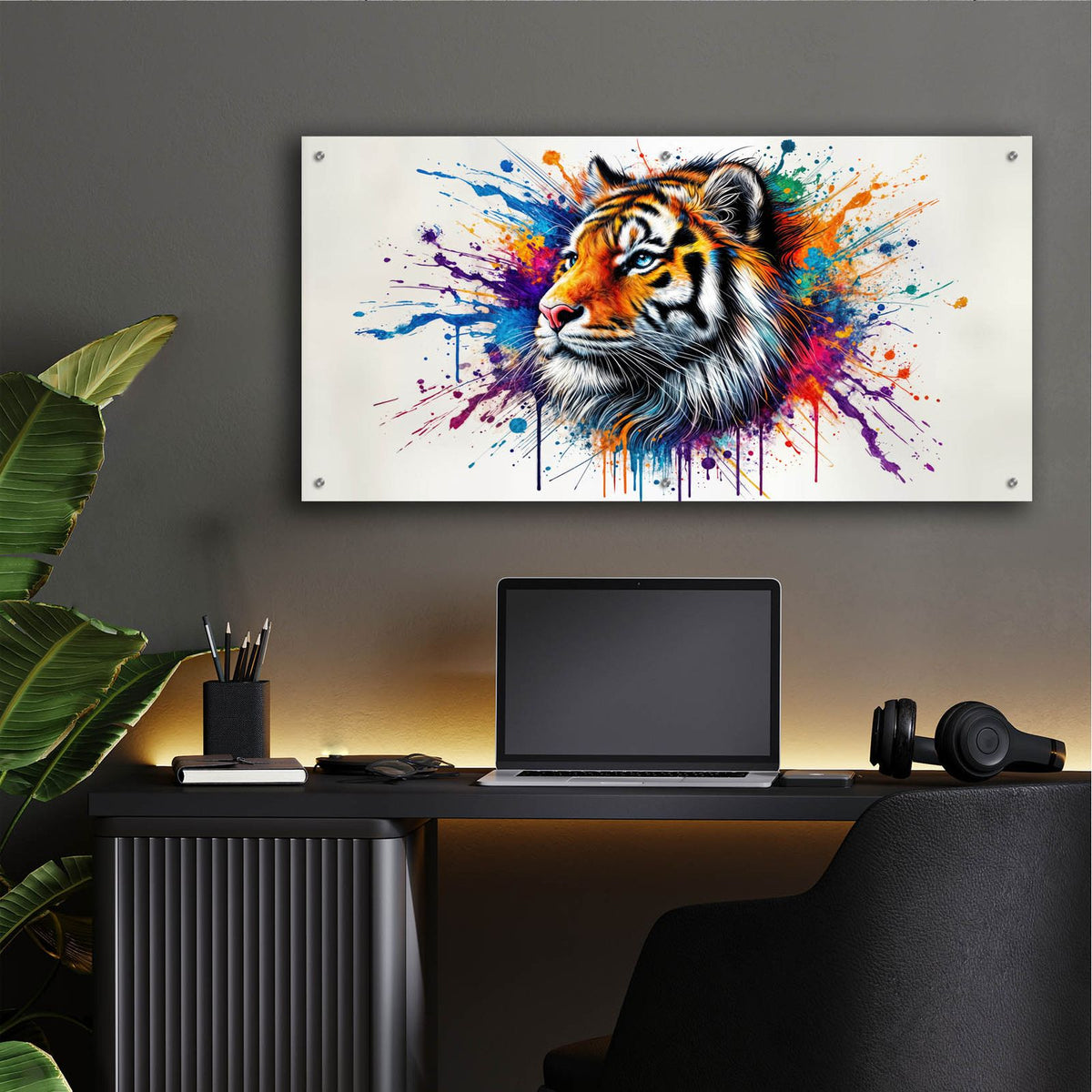 Tiger Paint Splashes by Rey Klimt - 48x24 acrylic wall art in a room