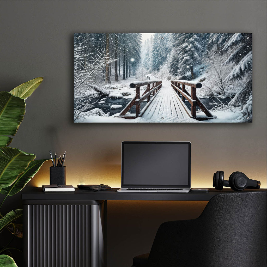 Wooden Bridge In Snow Over River, Winter by Rey Klimt - 48x24 acrylic wall art in a room