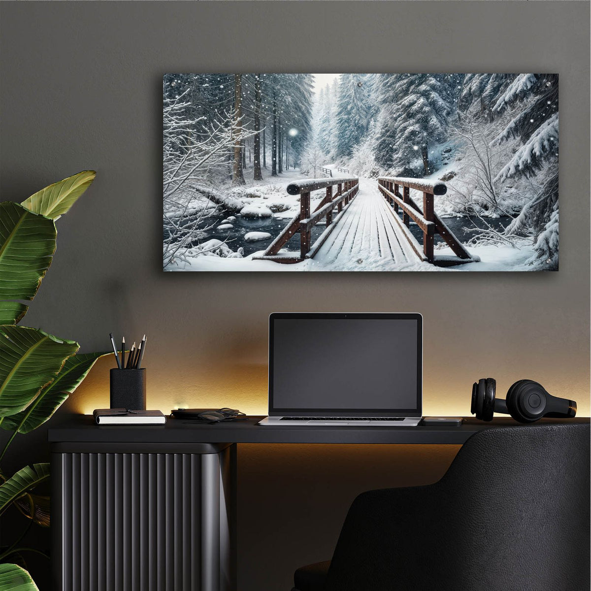 Wooden Bridge In Snow Over River, Winter by Rey Klimt - 48x24 acrylic wall art in a room