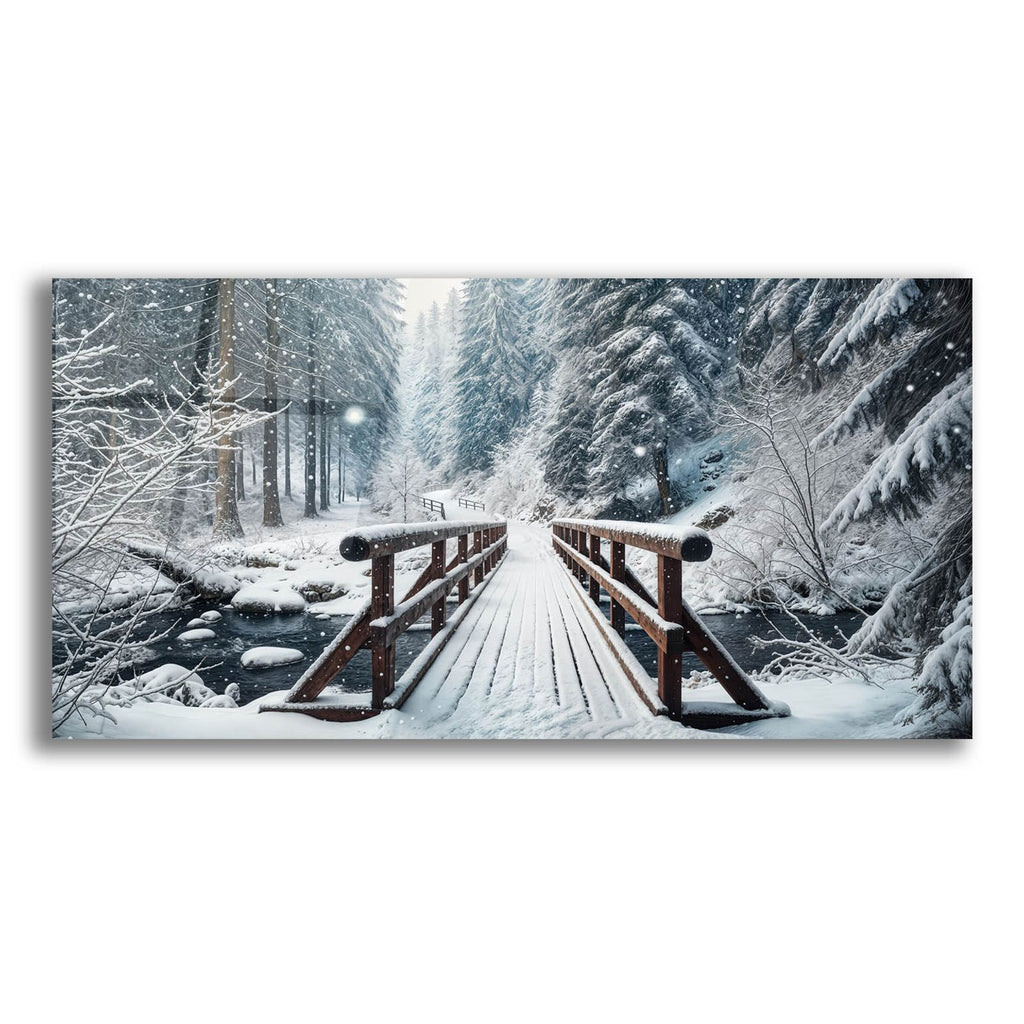 Wooden Bridge In Snow Over River, Winter by Rey Klimt acrylic glass wall art