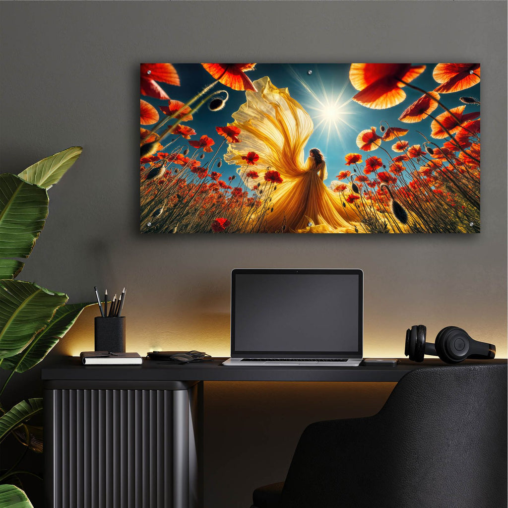 Yellow Dress In Poppie Fields by Rey Klimt - 48x24 acrylic wall art in a room