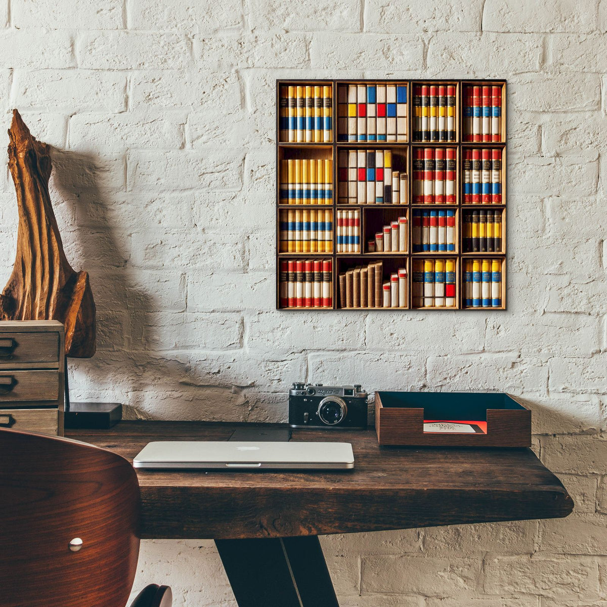 Mondrian Style Bookshelf by Rey Klimt - 12x12 acrylic wall art in a room
