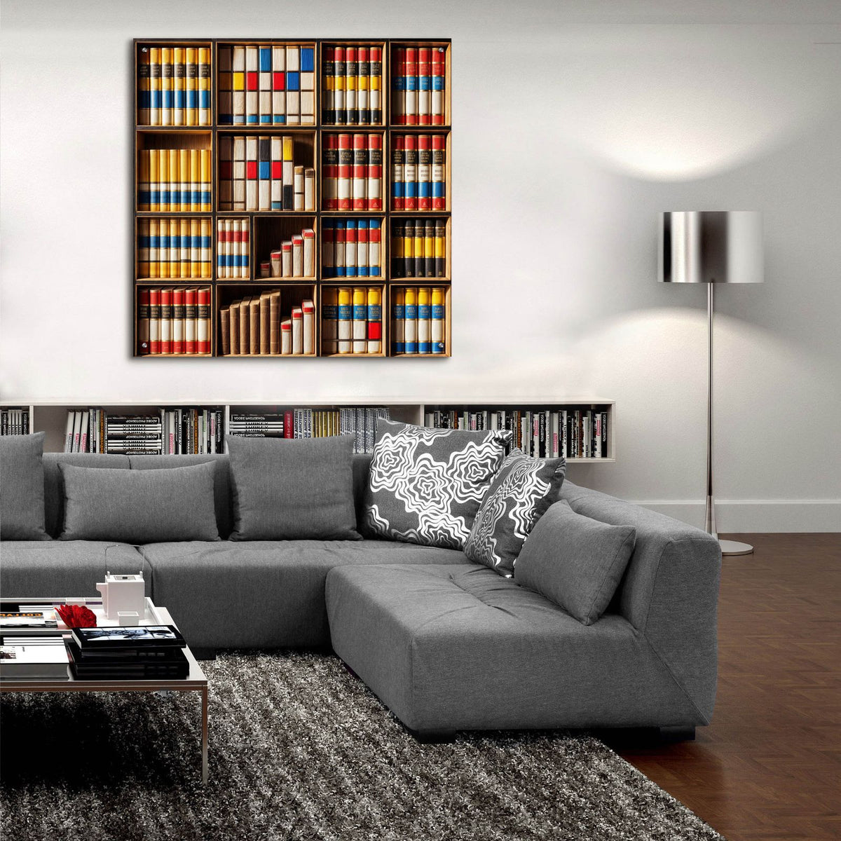 Mondrian Style Bookshelf by Rey Klimt - 36x36 acrylic wall art in a room