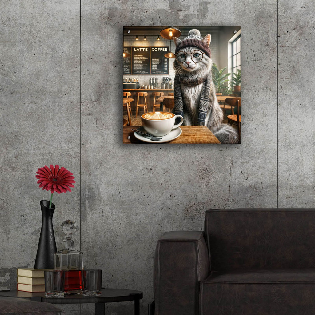 Hipster Cat In Coffee Shop by Rey Klimt - 24x24 acrylic wall art in a room