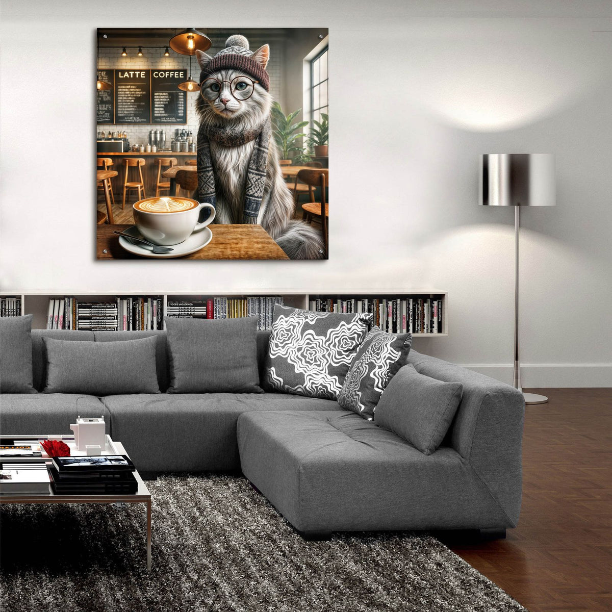 Hipster Cat In Coffee Shop by Rey Klimt - 36x36 acrylic wall art in a room