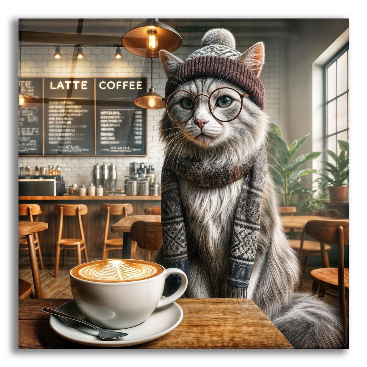 Hipster Cat In Coffee Shop by Rey Klimt acrylic glass wall art