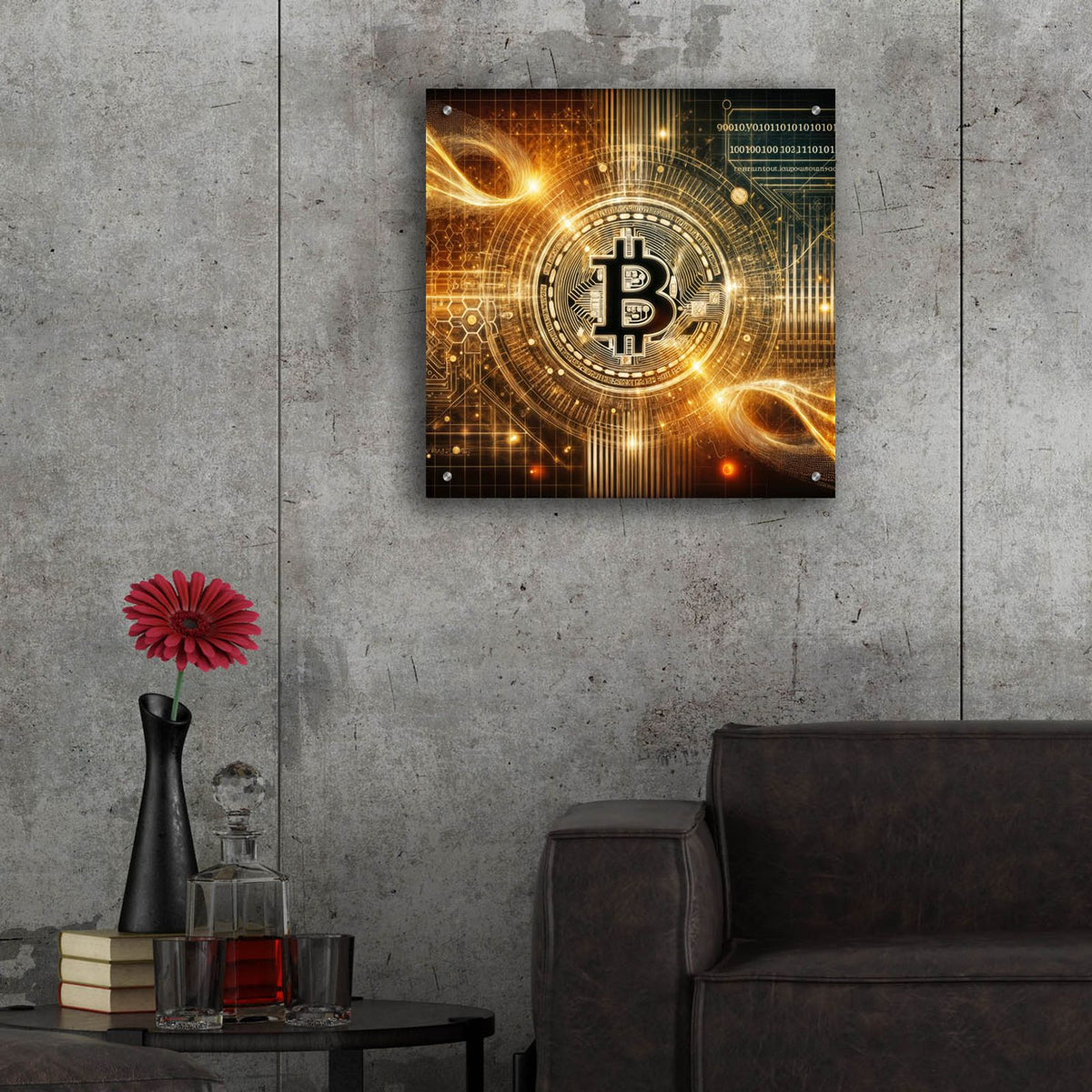 Glowing Bitcoin by Rey Klimt - 24x24 acrylic wall art in a room