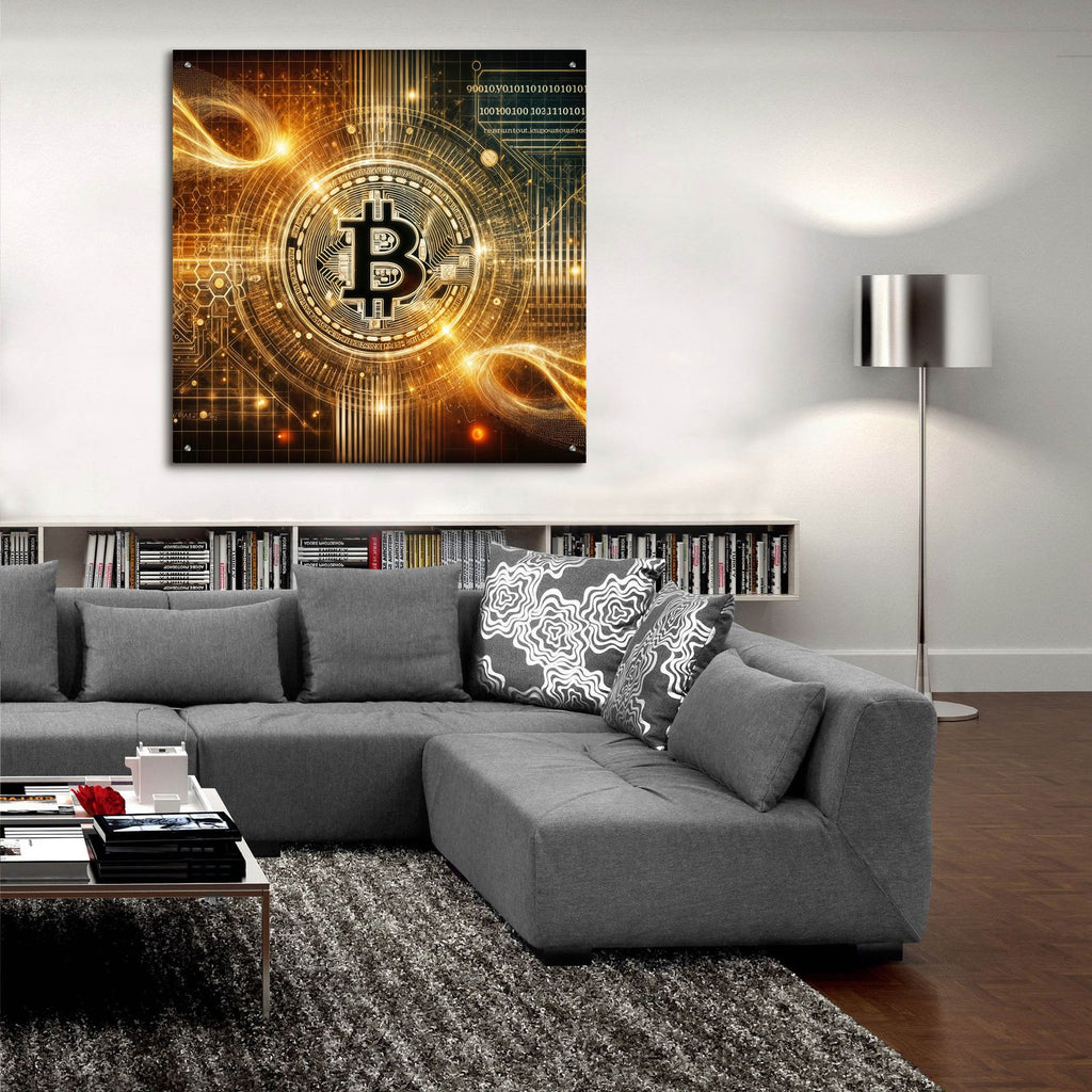 Glowing Bitcoin by Rey Klimt - 36x36 acrylic wall art in a room
