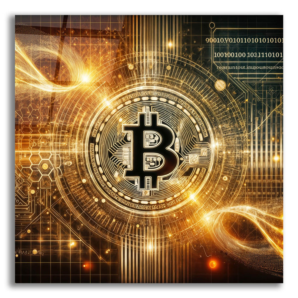 Glowing Bitcoin by Rey Klimt acrylic glass wall art