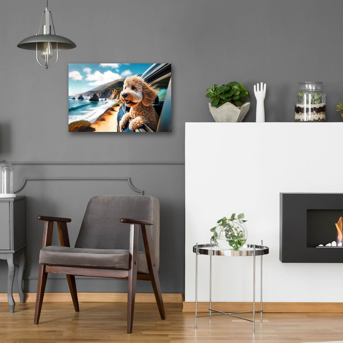 Dog On Road Trip - Golden Doodle by Rey Klimt - 24x16 acrylic wall art in a room