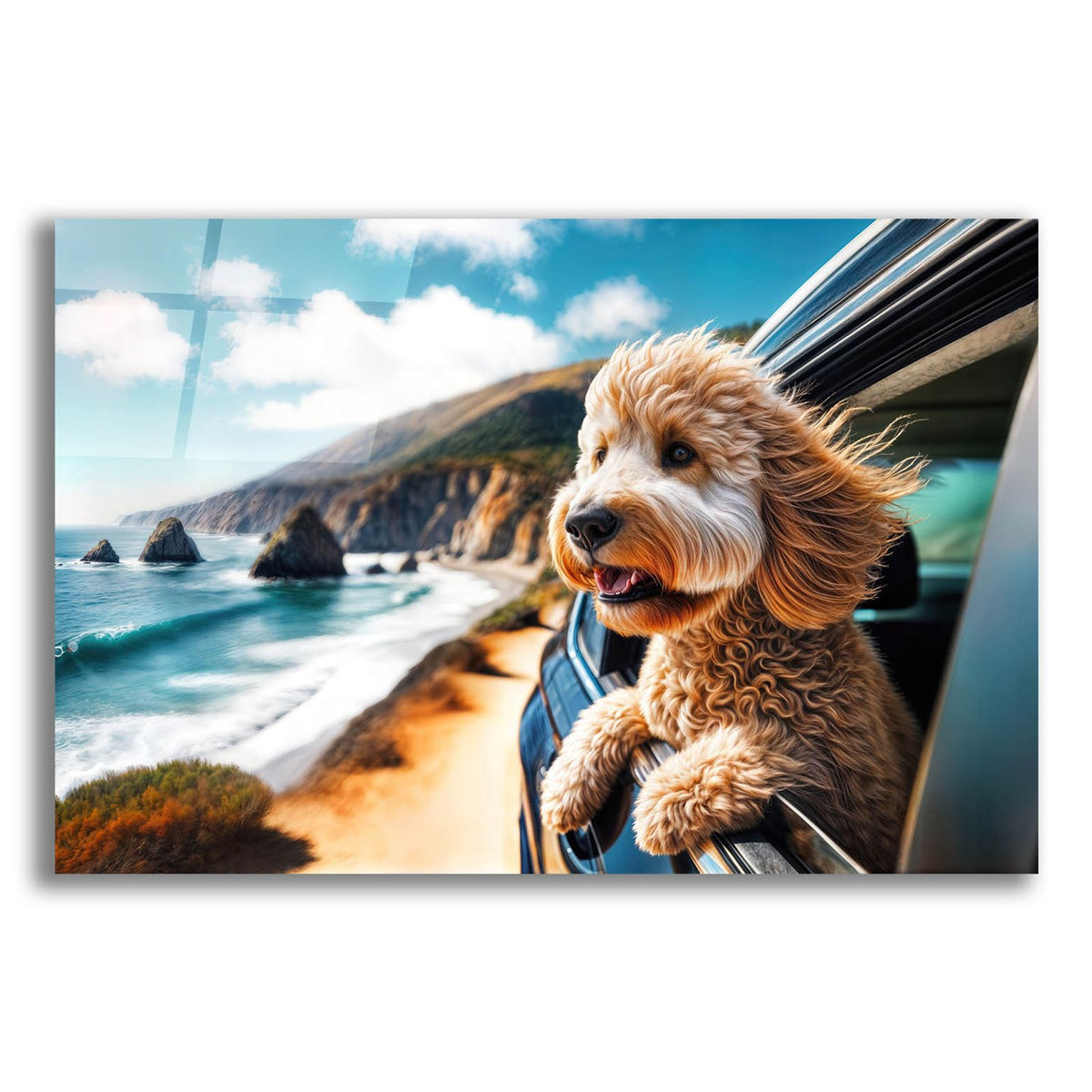 Dog On Road Trip - Golden Doodle by Rey Klimt acrylic glass wall art