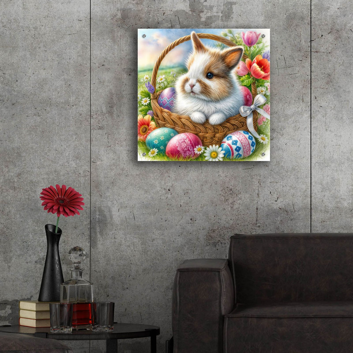 Bunny In Basket With Easter Eggs by Rey Klimt - 24x24 acrylic wall art in a room