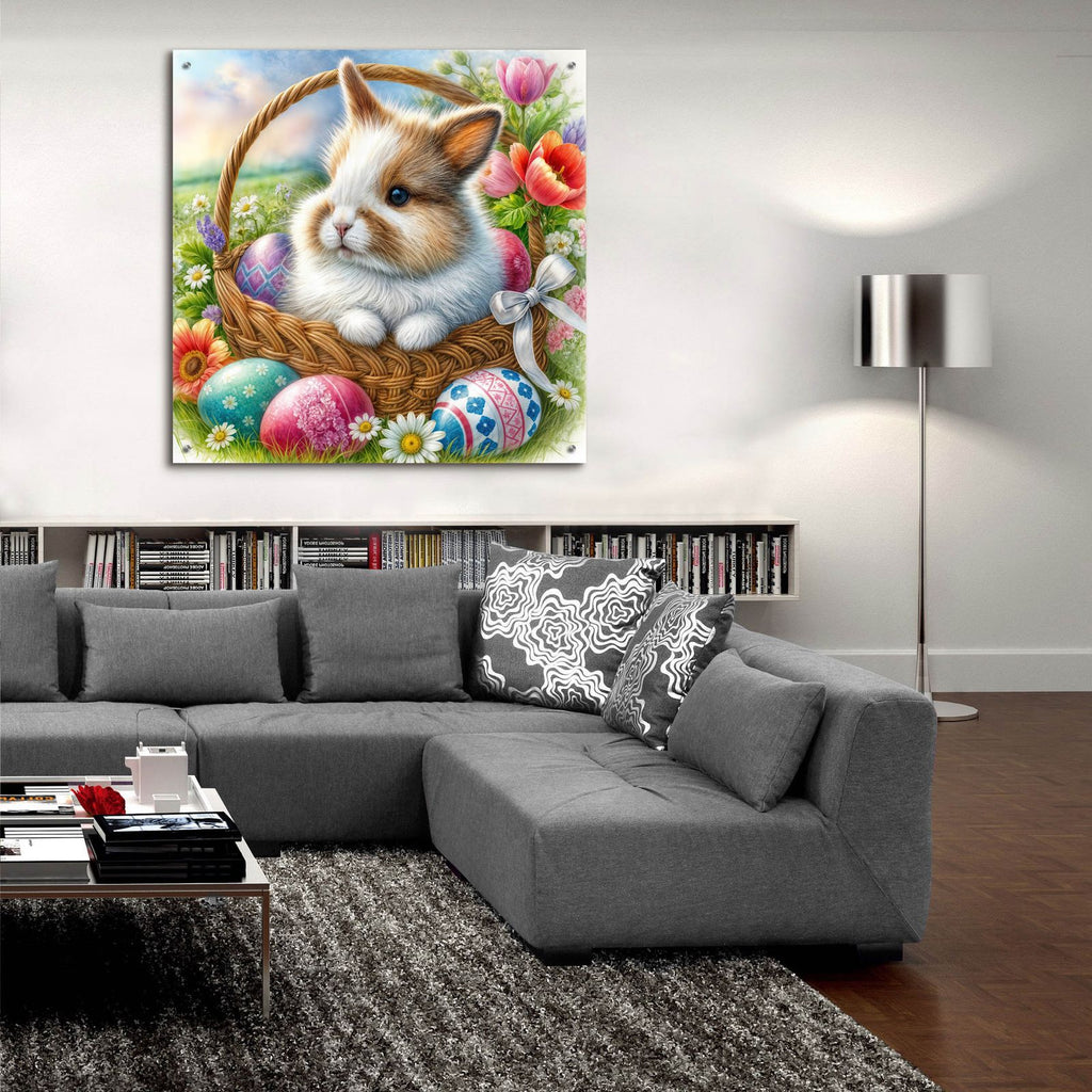 Bunny In Basket With Easter Eggs by Rey Klimt - 36x36 acrylic wall art in a room