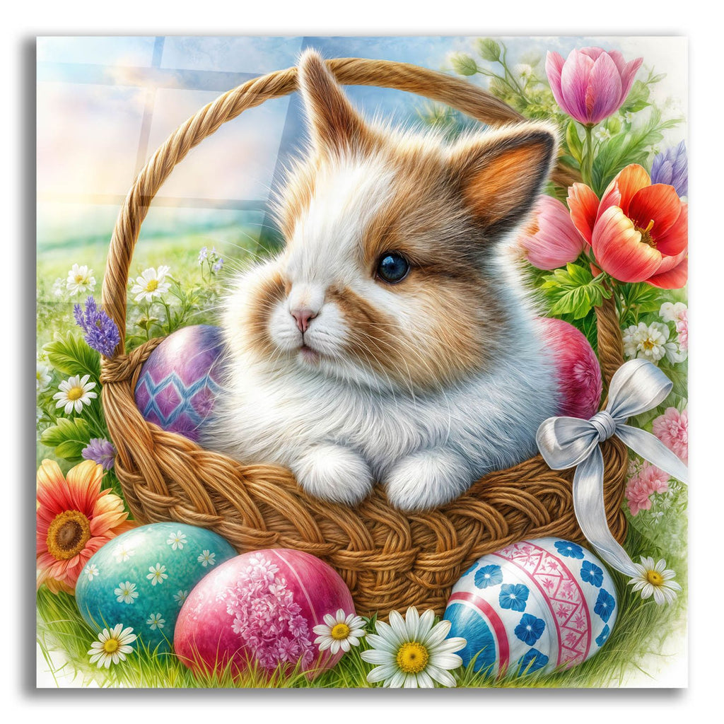 Bunny In Basket With Easter Eggs by Rey Klimt acrylic glass wall art