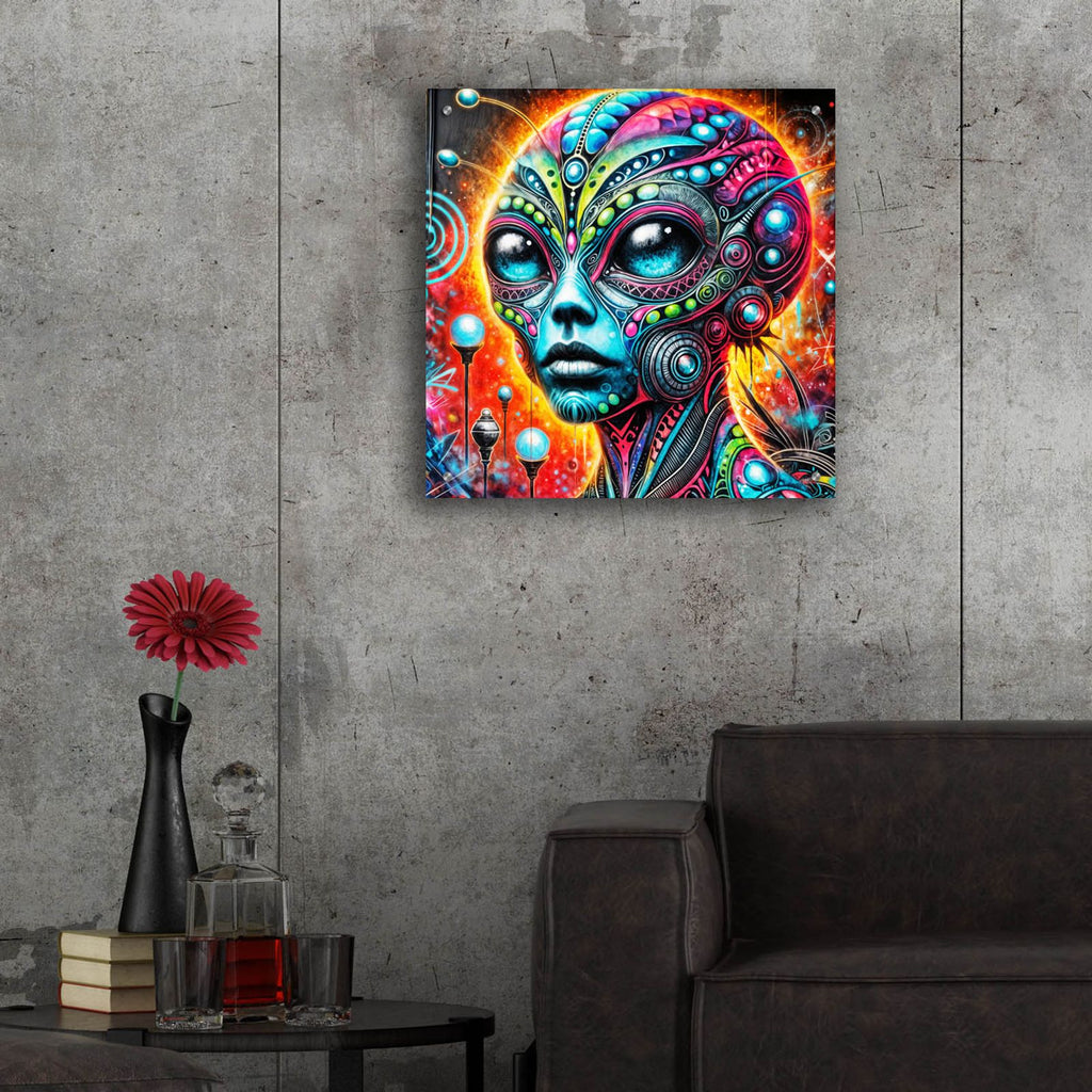 Alien's Portrait Vibrant Abstract by Rey Klimt - 24x24 acrylic wall art in a room