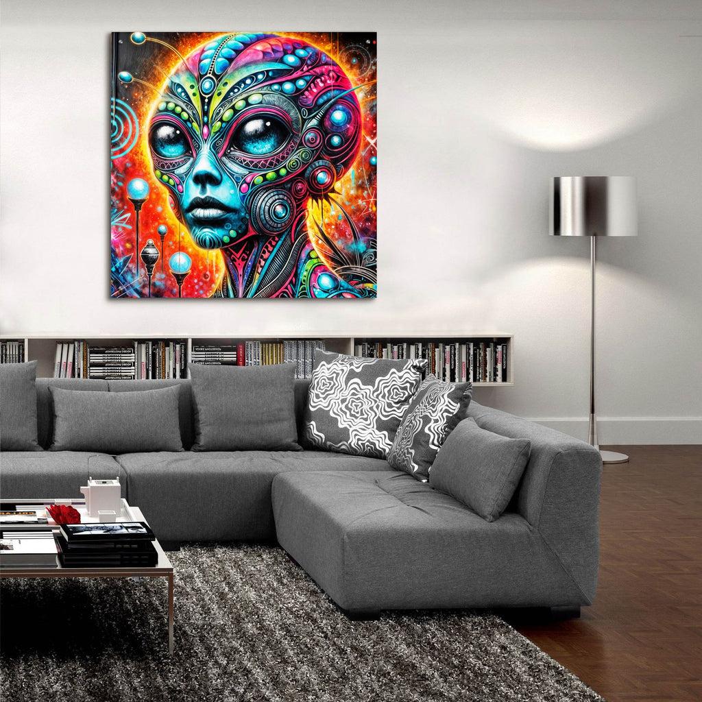 Alien's Portrait Vibrant Abstract by Rey Klimt - 36x36 acrylic wall art in a room