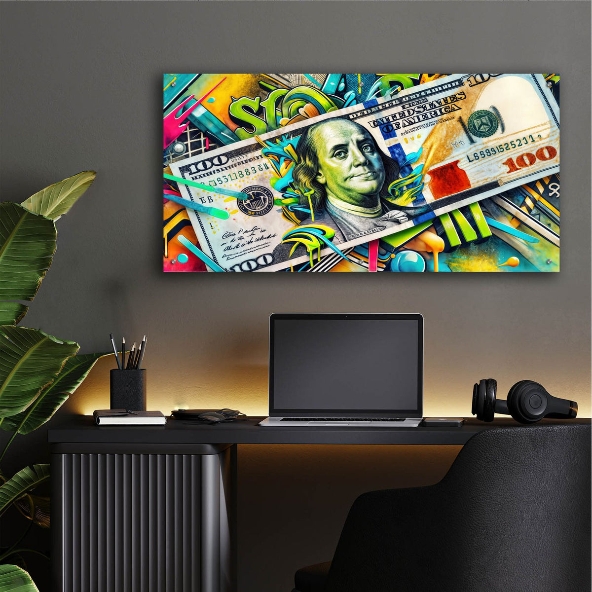 100$ Graffiti by Rey Klimt - 48x24 acrylic wall art in a room