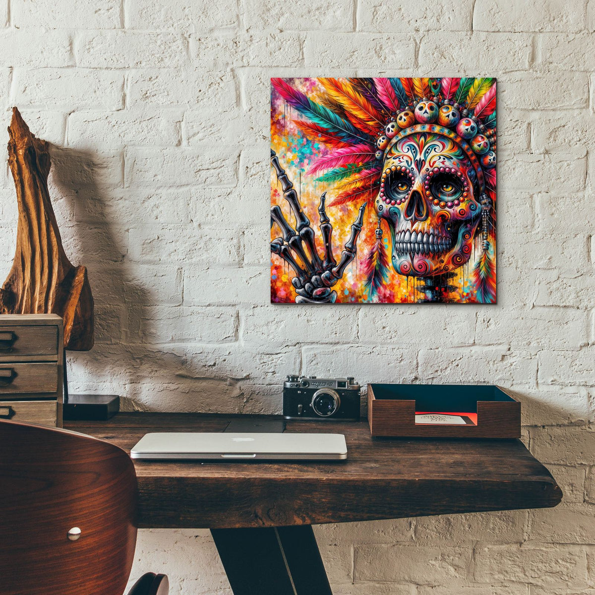 Colorful Skull With Feathers by Rey Klimt - 12x12 acrylic wall art in a room