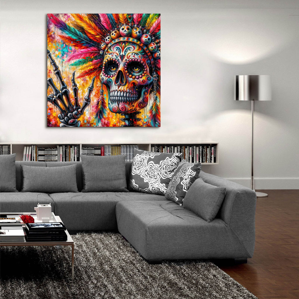 Colorful Skull With Feathers by Rey Klimt - 36x36 acrylic wall art in a room